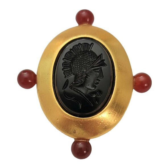 Gold Tone Black Glass Intaglio Centurion Cameo Brooch Pin E839 - Picture 9 of 9